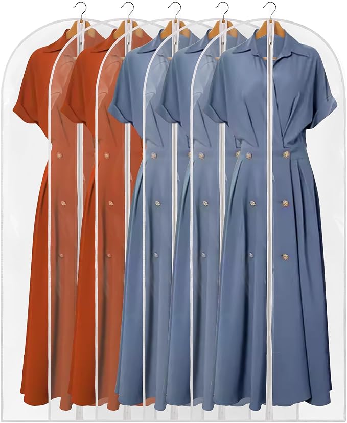 60" Dress Bags for Gowns, 5 Packs All Clear Garment Bags for Hanging Clothes, Plastic Waterproof Dress Cover with Zipper for Dresses, Coats, Uniforms (Set of 5)