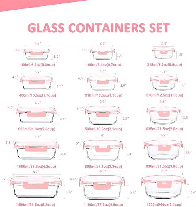 KOMUEE 30 Pieces Glass Food Storage Containers Set, Meal Prep Containers Set with Snap Locking Lids, Airtight Glass lunch Containers, Microwave, Oven, Freezer & Dishwasher,Pink