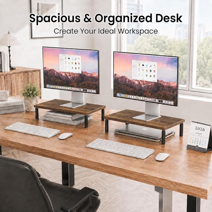 OPNICE Adjustable Monitor Stand Riser for Desk, Computer & Laptop Stand, Desk Organizers and Accessories, Office Desk Accessories & Workspace Organizer for Home Office, Brown Wood 2-Pack