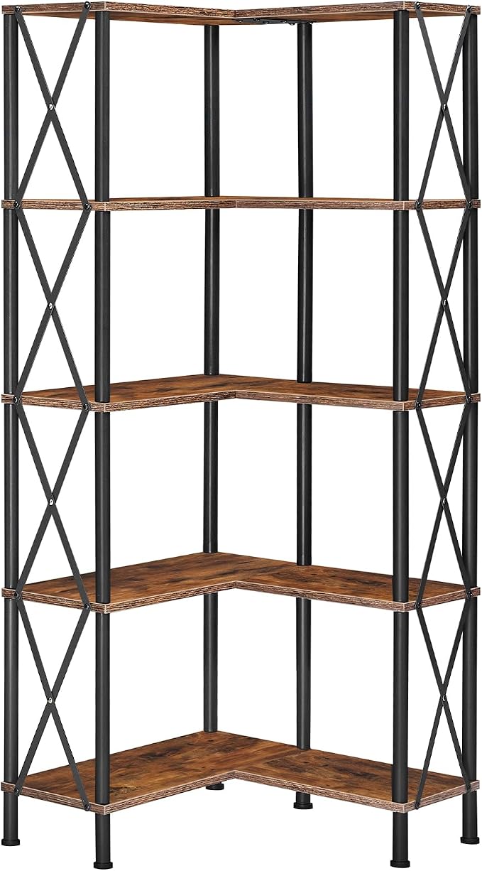 HOOBRO Corner Bookshelf, 5-Tier L-Shaped Bookcase, Industrial Open Display Shelf Tall Storage Organizer, Vertical Storage Rack, for Living Room, Home Office, Rustic Brown and Black BF60SJ01