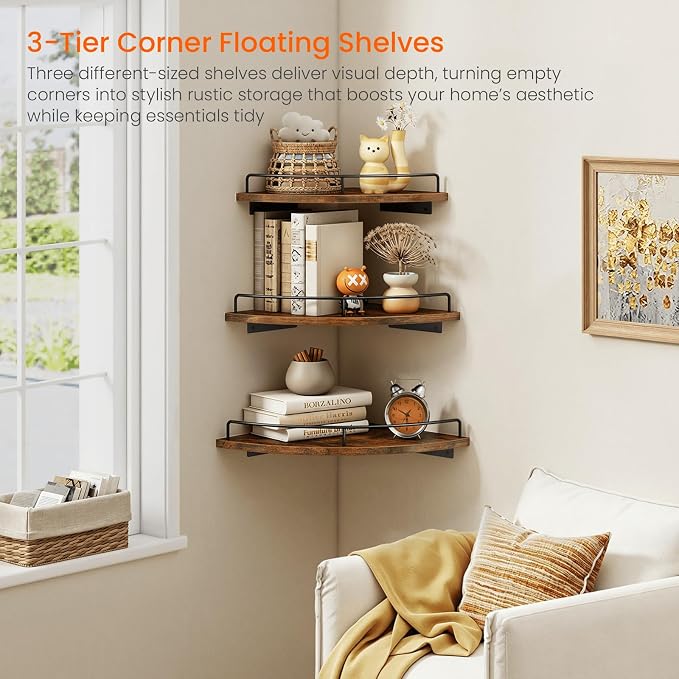 Homode Corner Shelf Wall Mounted Set of 3, Corner Floating Shelves 9/10/12 Inch Deep, Wood Round Corner Hanging Display Shelf with Guardrail for Bathroom Bedroom Kitchen Living Room, Rustic Brown