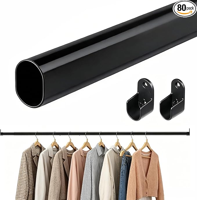 EKETE Oval Closet Rod for Hanging Clothes,18 to 63 Inch Adjustable Closet Rods Black Metal Closet Rods,Heavy Duty Closet Hanging Rod Expandable for Closet, Wardrobes, Bathroom, Laundry