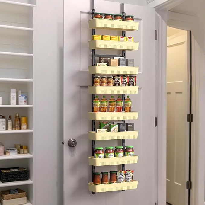 White 8-Tier Over the Door Organizer, Metal Over the Door Spice Rack with Adjustable Baskets, Hanging Behind the Door Storage for Pantry, Kitchen, Bathroom & Household Use