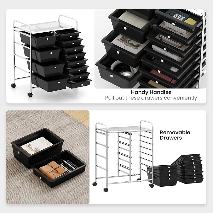 BECOMFORT 15-Drawer Rolling Cart with Drawers, Storage Cart on Wheels, Teacher Classroom Organizers with Metal Frame, Mobile Craft Cart for Tools