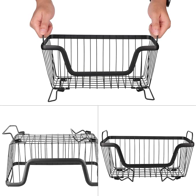 LOTTS Stackable wire basket for pantry, Metal Pantry basket, Storage Organizer Bin with Handles, Fruit basket for Kitchen Cabinets, Pantry, Closets, Bedrooms, Bathrooms (12.6×6.5×7.6")- 2 Pack