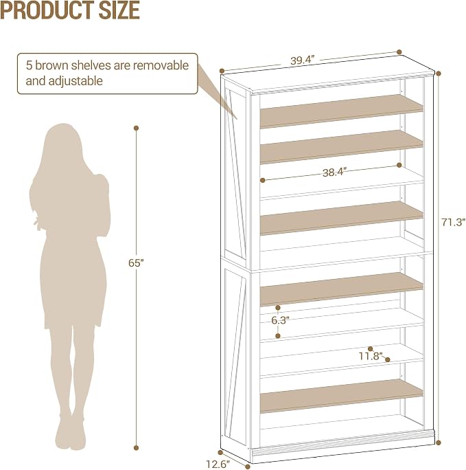 Hzuaneri Shoe Storage Cabinet,10 Tiers Farmhouse Tall Shoe Cubby Organizer | Freestanding Shoe Cabinets, Wooden Shoes Rack with Cubby, 46-50 Pairs, for Entryway, Living Room, White SR59803X