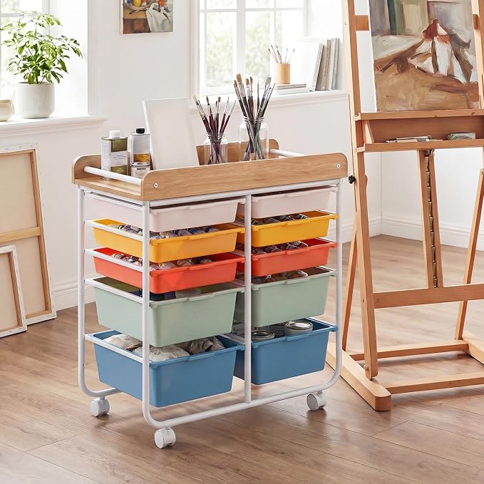 LDAILY Rolling Cart with Drawers, 10 Drawer Rolling Storage Cart with Wooden Tabletop, Metal Frame & Lockable Wheels, Craft Organizers and Storage for Home Office Classroom (Macaron, 10 Drawer)