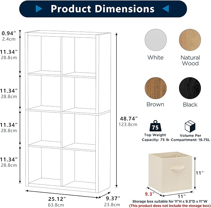 Black 8-Cube Storage Organizer Shelf – Heavy-Duty Engineered Wood, Easy Assembly, 25.12" L x 9.37" W x 48.74" H, for Living Room, Bedroom & Office