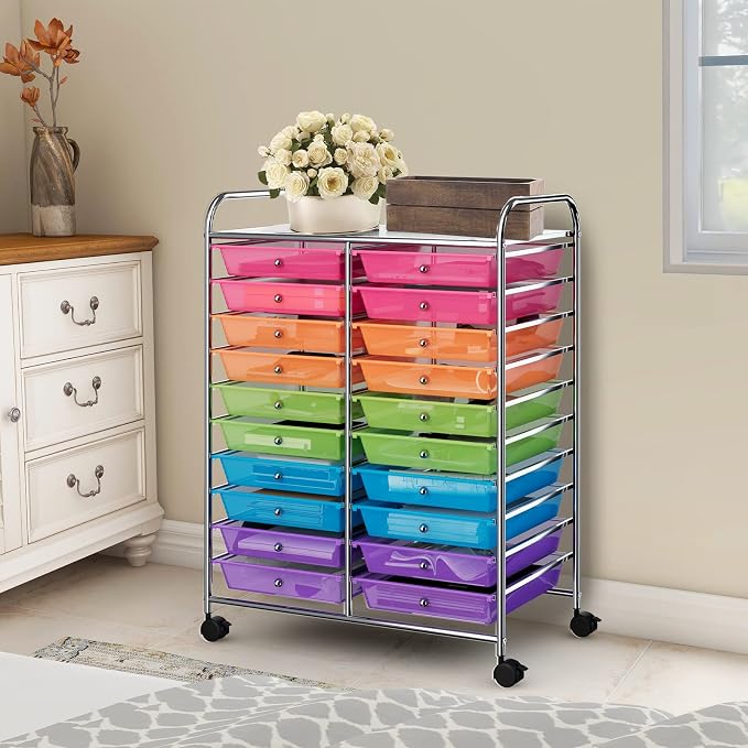 COSTWAY 20-Drawer Rolling Storage Cart, Utility Storage Organizer Cart | For Tools, Scrapbook, Paper, Craft, Multipurpose Storage Trolley on Wheels for Home Office School (Rainbow)