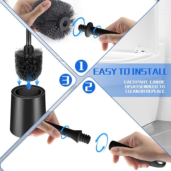 AONEZ Toilet Brush and Holder Set, 2 Pack Long-Handle Toilet Brush, Non-Slip Grip, Nylon Bristles, Deep Cleaning for Bathroom, Toilet Scrubber- Black
