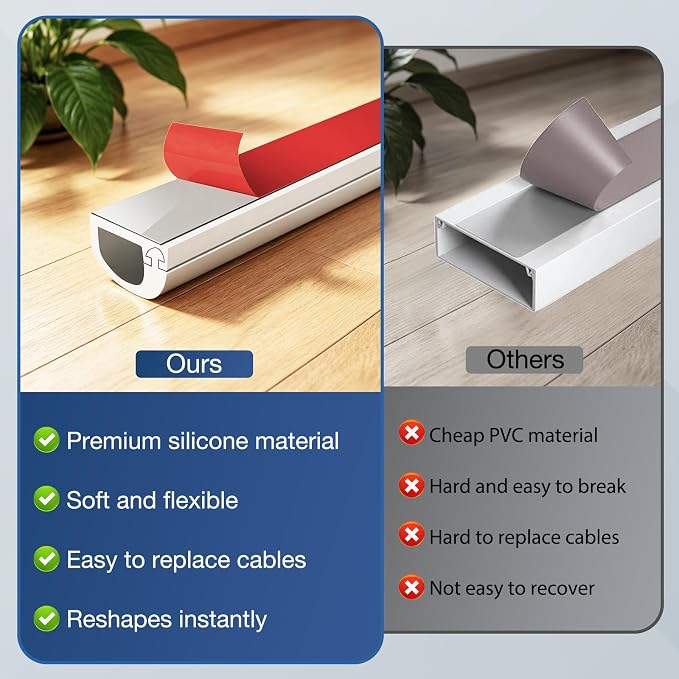 Silicone Cord Covers Wall Self-Adhesive Cord Covers for Wires on Wall Wire Hider Flexible Cable Hider with Side-Opening for Home Office TV Cable Management (0.59" W x 0.39" H x 240" L, White)