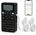 SUPVAN E11 Keyboard & Bluetooth Label Maker Machine with 4 Tapes, Black | Rechargeable, Versatile App with 30+ Fonts and 660+ Icons, Minimal Margin, Inkless, for School, Home, Kitchen, Office