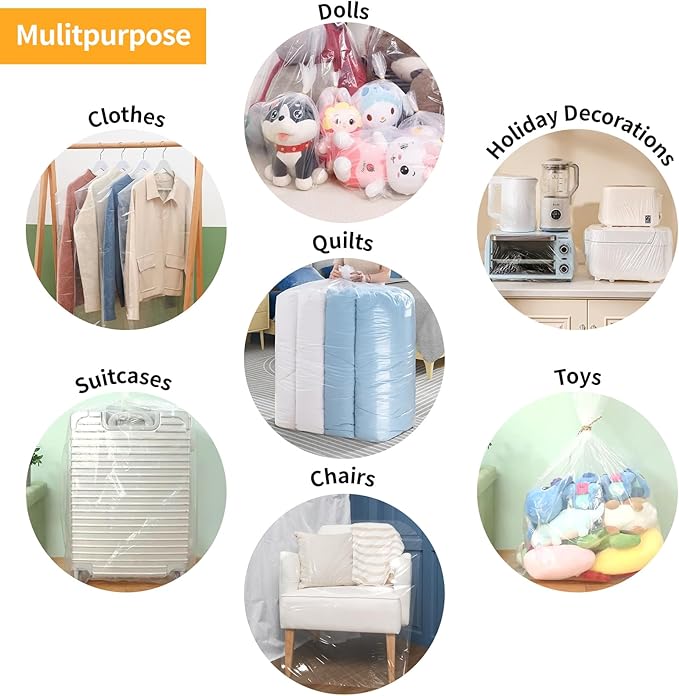 Ohuimrt 40 x 60 Inch Extra Large Clear Plastic Bags, 4 Pack Reusable Jumbo Waterproof Storage Bags with 4 Ties for Luggage, Suitcase, Furniture, Chair, Moving