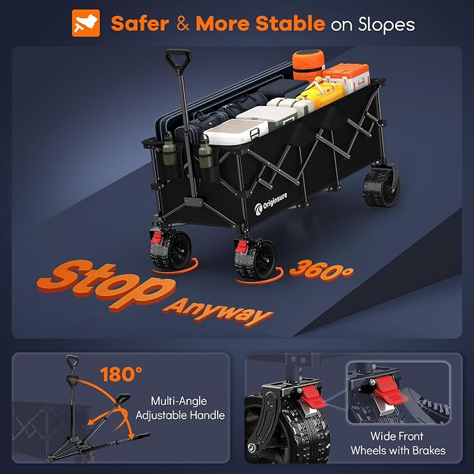 Originsure 48" L Collapsible Wagon Cart Foldable, 560lbs Weight Capacity 300L Heavy Duty Folding Beach Wagons with Big All-Terrain Wheels, Utility Carts for Groceries, Camping, Sports - Black