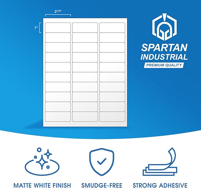 1" X 2 5/8" Matte White Printable Address Labels (250 Sheets, 7500 Stickers) Mailing and Return Address Labels for Laser & Inkjet Printers - Spartan Industrial Template R007