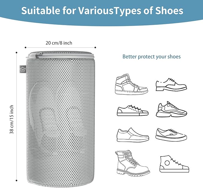 Kimmama Shoe Washing Machine Bag, Shoe Laundry Bag, Grey, 8x15", 2 Pack | Shoe Bag, For Sneaker, Tennis, Footwear, Trainers, Slippers, Sock, Building Blocks, Sandwish Mesh, Travel, Divided