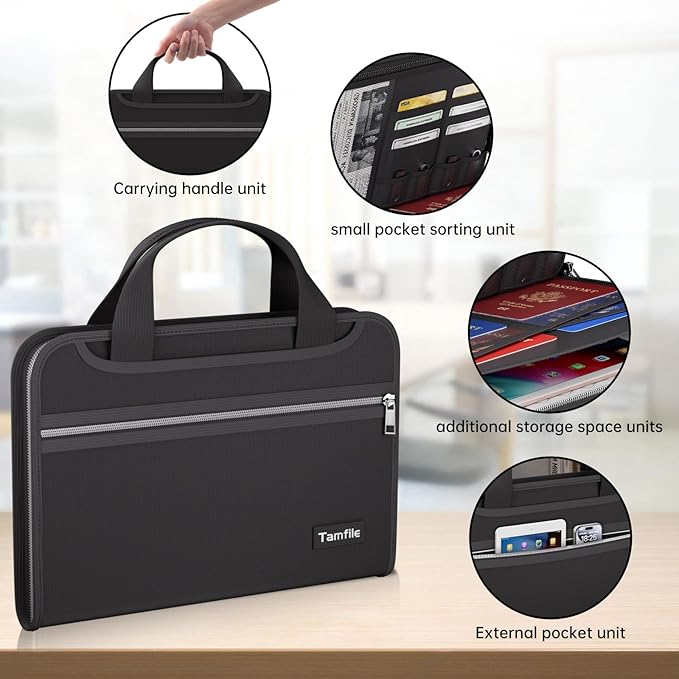 Tamfile Fireproof Accordion File Organizer with Handle, 13 Pocket Colorful Expanding File Folder with Zipper & Labels, File Folder with Multi-Pockets Paper Organizer Folder for Letter A4 Files (Black)