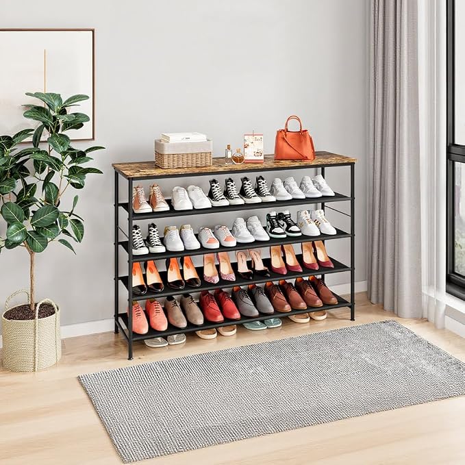 INGIORDAR 5 Tier Long Metal Shoe Rack Storage Organizer for Closet Entryway | Spacious design Shoe Shelf stores 30 Pairs of Shoes for Closet Entryway Bedroom Living Room Garage Black+Rustic Brown