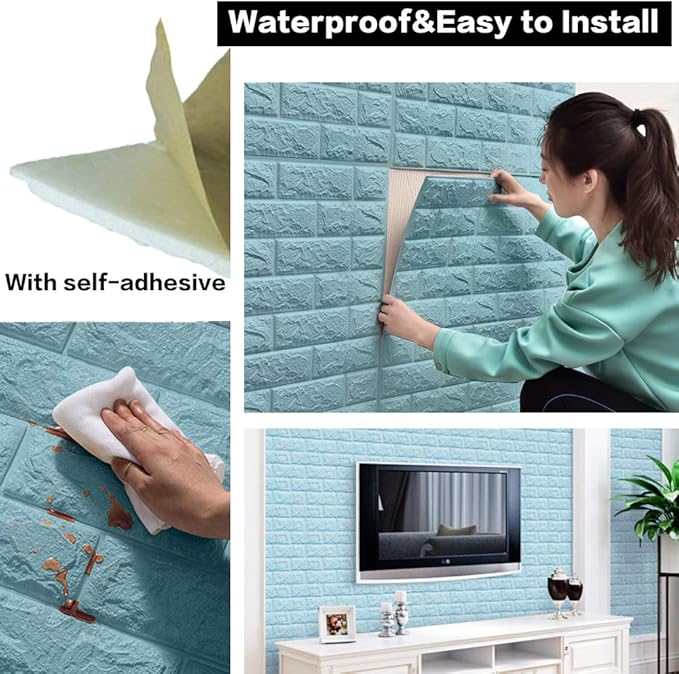 10 PCS Blue 3D Wall Panels, 14.5 sq.feet Coverage, Printable Wallpaper Sticker with Self-Adhesive Waterproof Brick PE Foam Wall Panels Peel and Stick for Interior Wall Decor, Home Decoration