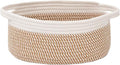 JMvicyroam Woven Basket,Small Rope Storage Bin with Handles & Ribbon Bag, Organizer for Shelves Closets,Gift Basket Empty for Birthday,Books,Dog Toys, White&Brown Block