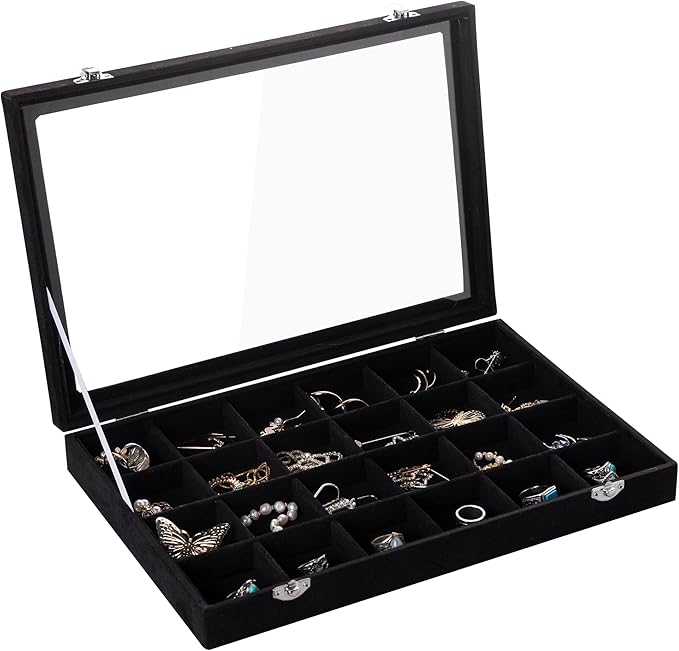 Frebeauty 24 Grid Earring Organizer,Velvet Jewelry Tray with Clear Lid | Drawer Jewelry Organizer for Rings Studs Brooch,Adjustable Divider,Dustproof Design,Earring Storage,Trinket Box,13.8×9.5Inch