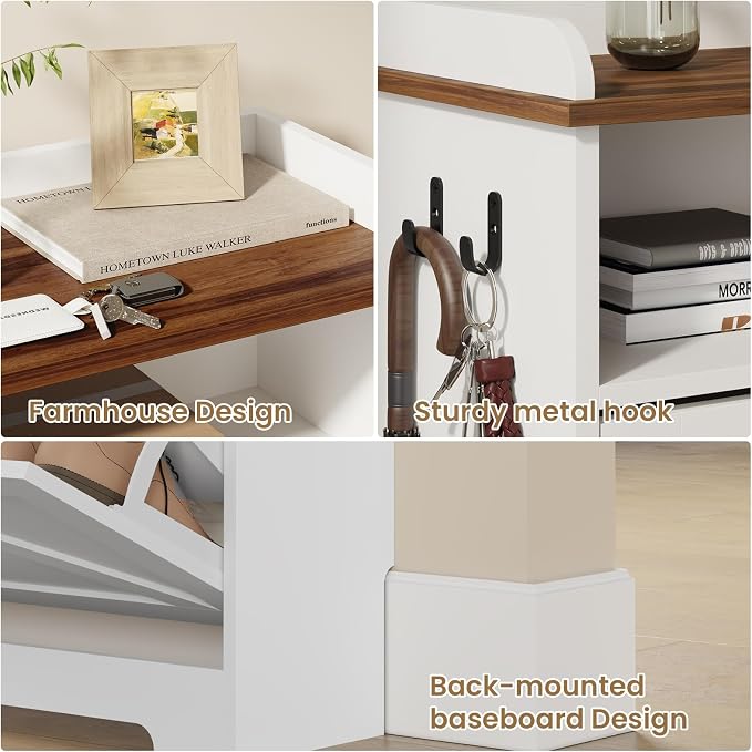 Shoe Cabinet Organizer with 2 Flip Drawers, Farmhouse Narrow Shoe Storage Cabinet with 2 Adjustable Shelves & 2 Hooks, 23.6"W x 8.7"D x 41.8"H Shoe Rack for Entryway, Foyer, Hallway, White