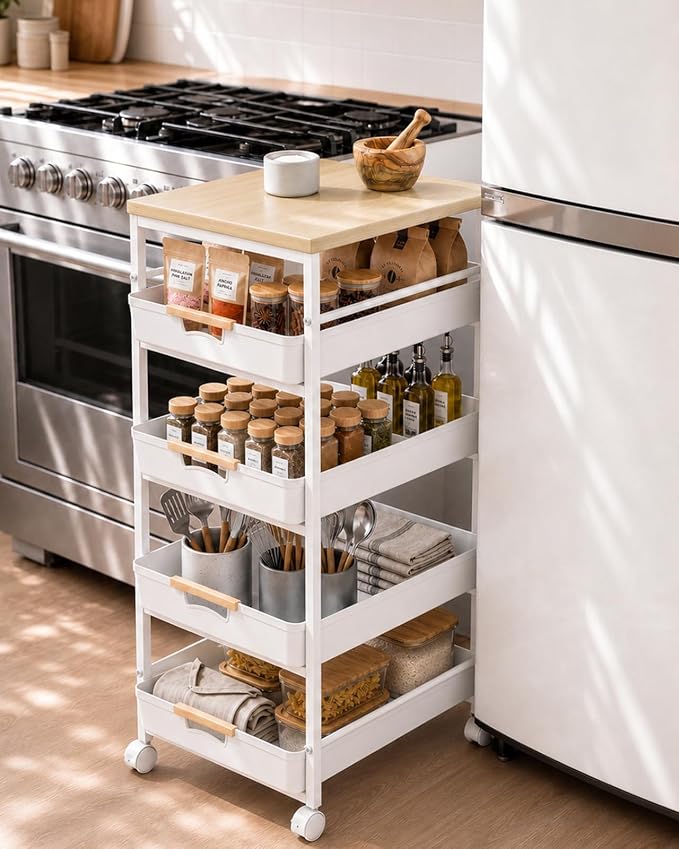 Pipishell Rolling Storage Cart with Drawers & Lockable Wheels, 5 Tier Kitchen Cart with Safety Stops & Vented Design, Wood Top, Pull-Out Utility Cart for Kitchen, Home Office, Bedside, White