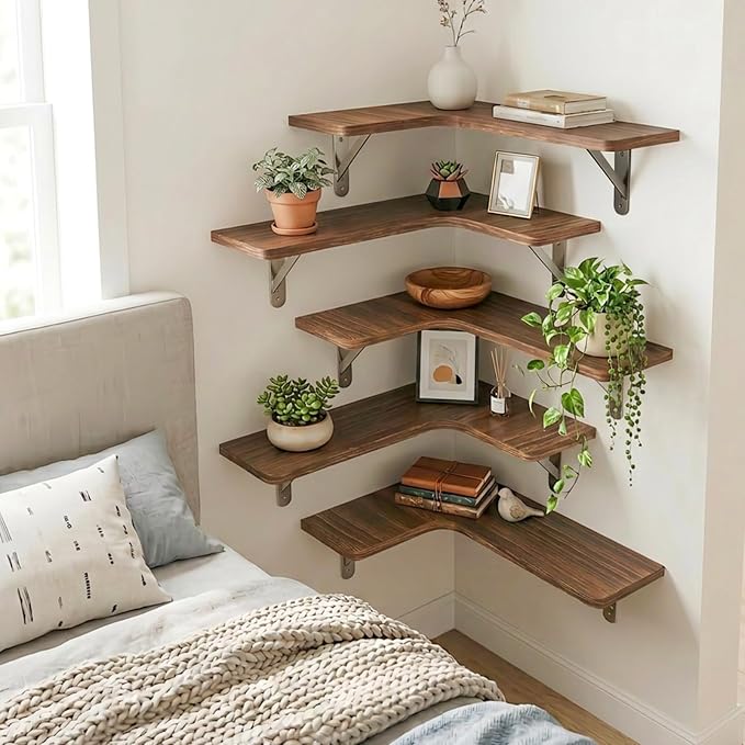 Fixwal Corner Floating Shelves for Wall Set of 5, Rustic Wood Wall Mounted Shelf for Bathroom, Kitchen, Bedroom, Home Decor, Laundry Room, Living Room (Dark Carbonized Black)