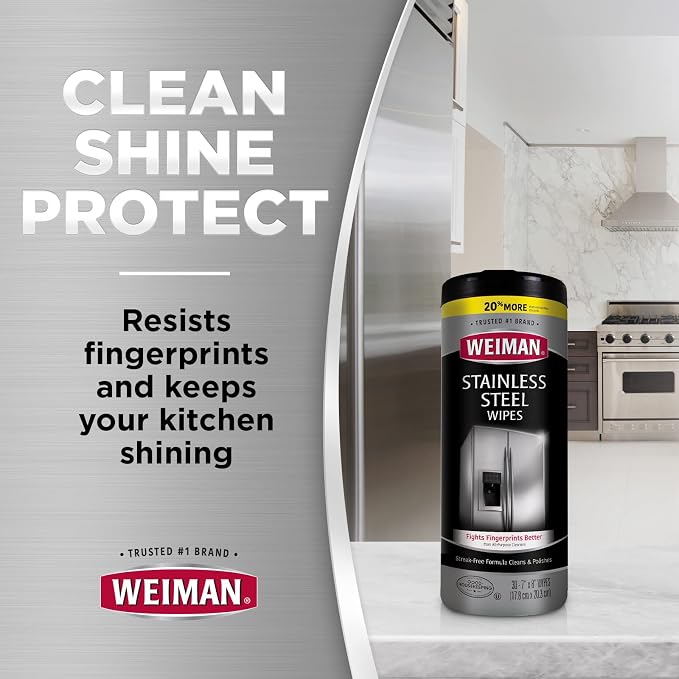 Weiman Stainless Steel Wipes - Removes Fingerprints, Residue, Water Marks and Grease From Appliances - Works Great on Refrigerators, Dishwashers, Ovens, Grills - 28 Count - Packaging May Vary