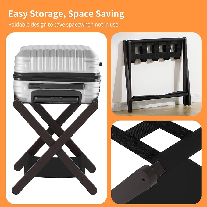 Heybly Luggage Rack, Pack of 2, Folding Suitcase Stand with Storage Shelf, Heavy-Duty Luggage Holder for Guest Room Bedroom Hotel, Holds up to 165 lb, Black, HLR010Z2