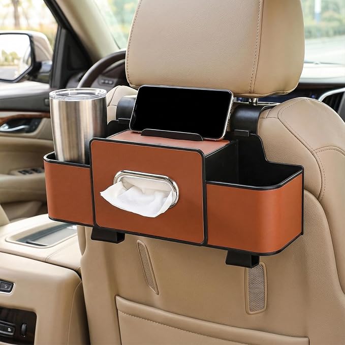 Car Back Seat Organizer, 3-in-1 Auto Seat Back Organizer with Tissue Box, Cup Holders & Hooks, Multifunctional Vehicle Backseat Hanging Organizers for Phones Drinks Handbags (Brown)