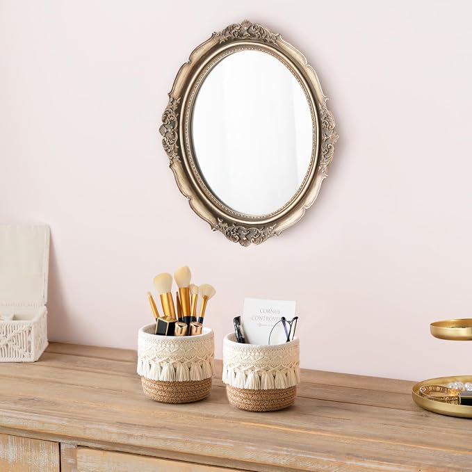 Mkono Macrame Makeup Brush Holder, Boho Mini Storage Basket Set of 2 | X-Small 3.9"W x 3.9"H, Yellow and White, Comb Pens Tiny Succulents Holder, Bedroom Vanity Living Room Bathroom Dorm Office