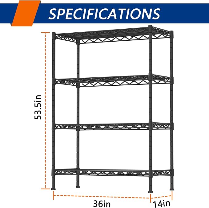 Soywey 4-Shelf Adjustable Heavy Duty Storage Shelving Unit, Metal Organizer Wire Rack for Laundry Bathroom Kitchen Pantry Closet, Black