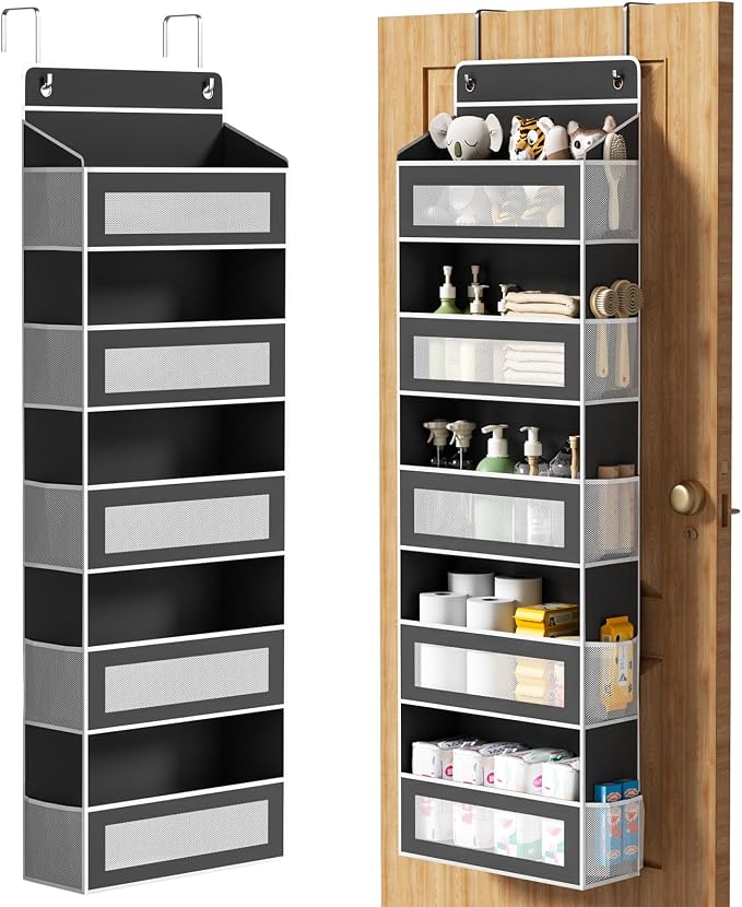 5-Tier Over The Door Organizer with 5 Large Pockets, Over the Door Storage 10 Side Pockets 44 lb Load Behind Door Storage, Door Organizer Hanging Shelf for Closet Bedroom Bathroom Nursery, Black