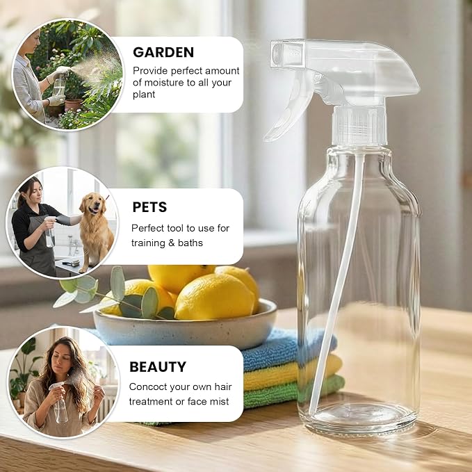 16.9oz Glass Spray Bottles 2 Pack,Mist/Stream Spraying | Adjustable Refillable Containers for Hair Care, Cleaning Solutions, Plants, Essential Oils