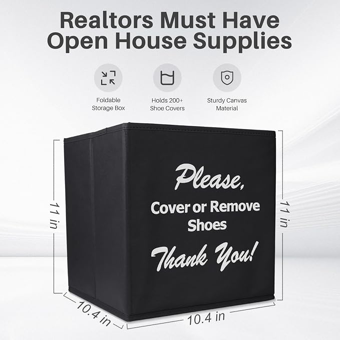 Opret Large Shoe Cover Box Black, Real Estate Agent Supplies, Disposable Shoe Cover Dispenser Box for Open House, Foldable Storage Bin