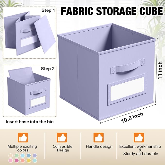 Teenyyou 10 Pack Fabric Storage Cubes 11 Inch Collapsible Cube Bins with Label Window & Handle Foldable Organizers Baskets for Shelf Closet Nursery Kids Room Clothes Book Toy(Macaroon)