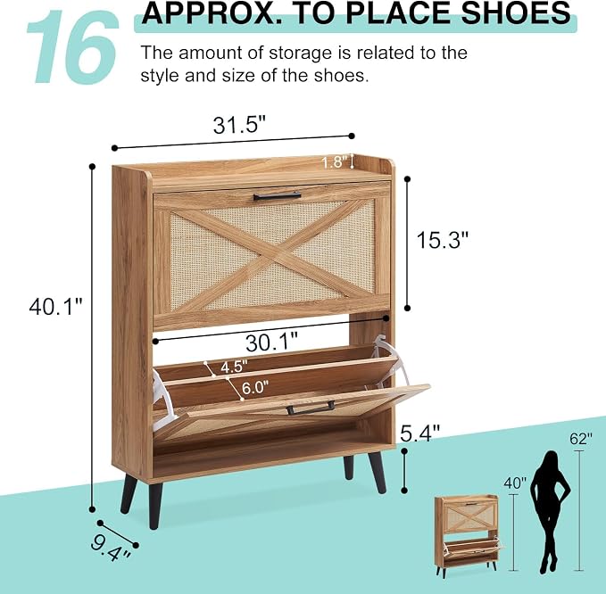 Barnyatoh Shoe Storage Cabinet, Boho Shoe Organizer with 2 Flip Drawers & Rattan Design,Farmhouse Freestanding Hidden Slim Narrow Shoe Rack Cabinet for Entryway, Foyer,Hallway, Natural