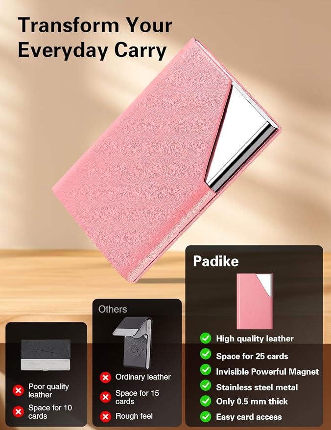 Padike Business Card Holder, PU Leather & Stainless Steel Multi Card Case for Men & Women, Name Card Holder, Credit Card Wallet, ID Case/Holder with Magnetic Closure (Pink)