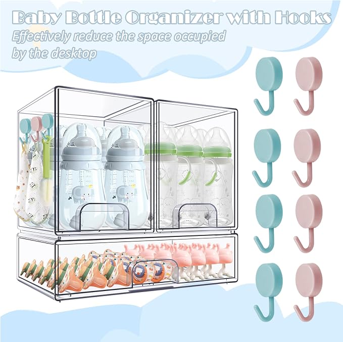 Baby Bottle Organizer with Hooks - 3 Pack Stackable Storage Drawer | Baby Organizers and Storage, Clear Acrylic Multipurpose Bottle Storage for Countertop