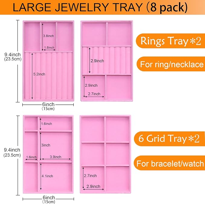 Stackable Jewelry Organizer Trays 8 Set, X-Large Jewelry Display Case Storage for Earring Necklace Rings Bracelet Watch with Removable Dividers