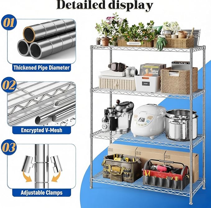 Xcity Storage Shelves, 4 Tier Heavy Duty Metal Shelving Unit with Wheels, 1600 LBS Adjustable Steel Wire Shelf for Commercial, Pantry, Kitchen, Garage, 18" D x 36" W x 60" H, Chrome