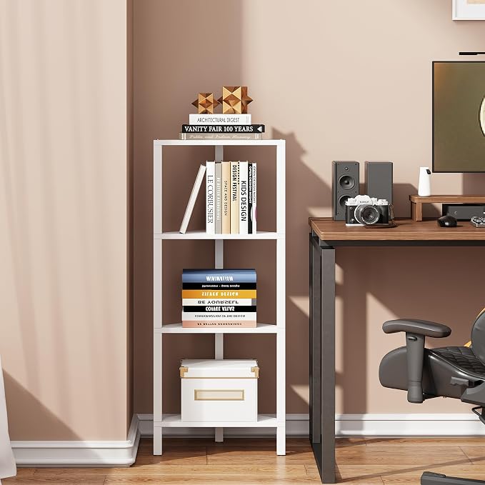 TUTOTAK Corner Shelf, 4-Tier Corner Bookshelf for Small Space, Narrow Display Corner Shelf Stand with Storage Rack, for Living Room, Bedroom, White BS05BW004