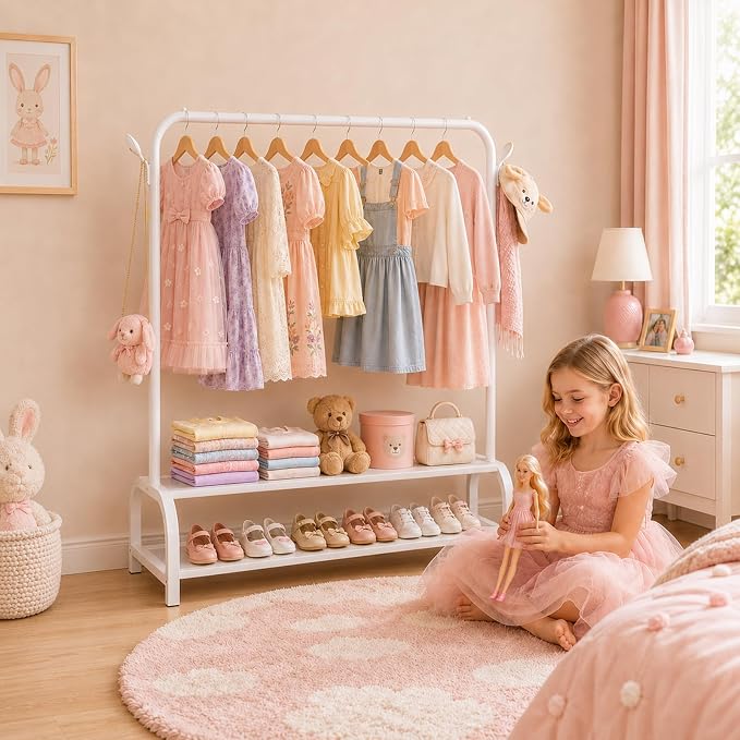 Kids Clothing Rack with 2 Fabric Storage Shelves & Hooks, Portable Kids Clothes Rack for Coats Skirts, Small Toddler Hanging Clothes Organizer, Kids Closet Storage Unit, Off White