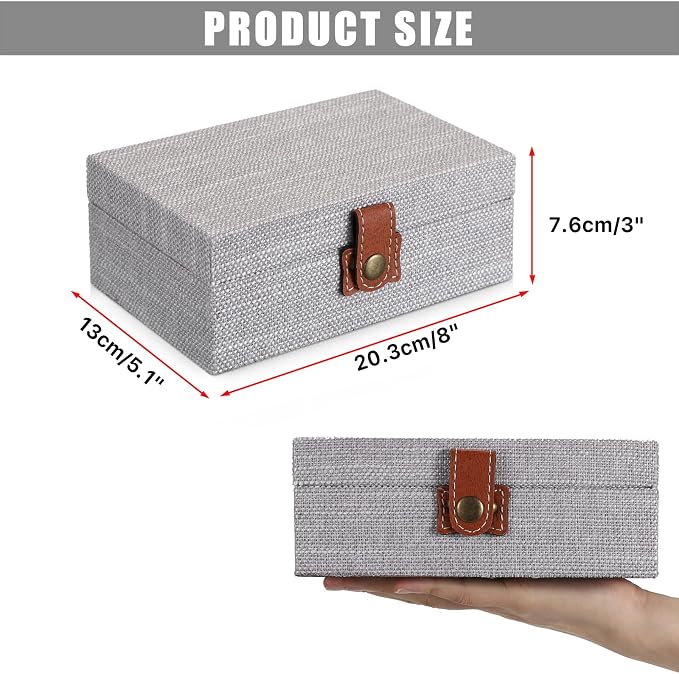 Hipiwe Jewelry Storage Box Treasure Chest Wooden Box with Linen Covered | Rectangular Keepsake Case with Clasp Lid, Dcorative Photo Storage Organizer for Men Women Christmas Gift, Gray Small
