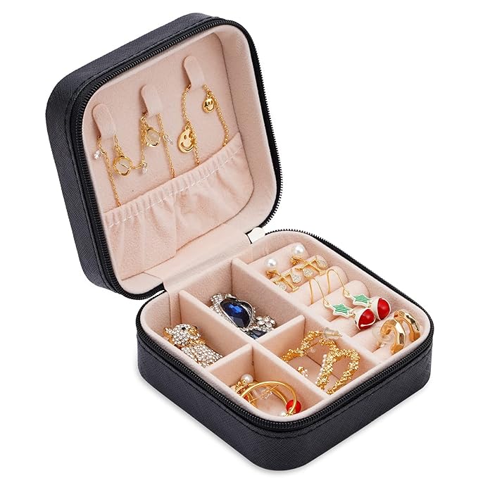 Neveika Portable Travel Mini Jewelry Box Leather Jewellery Ring Organizer Case Storage Gift Box Girls Women (black).