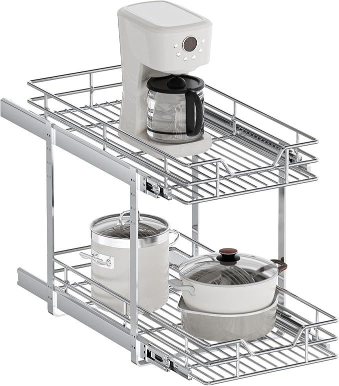 2-Tier Pull Out Cabinet Organizer, 11.5" W x 21.5" D, Heavy Duty Dual Slide Out Shelves for Narrow Base Cabinets, Chrome Wire Basket Drawer for Spices, Bottles & Snacks