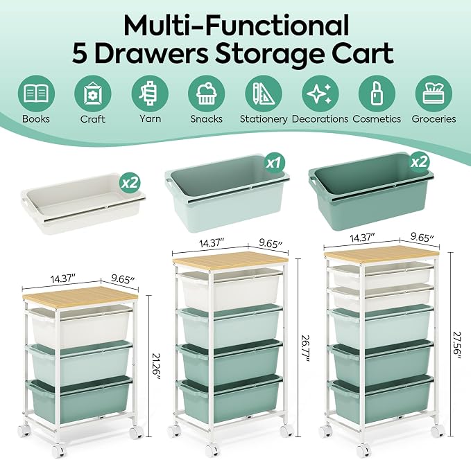 Slim Rolling Storage Cart with 5 Drawers, Craft Organizer, Wooden Tabletop Utility Cart for Bedroom, Children's Room and Office Organization, Table Side Trolley with Lockable Wheels, Green