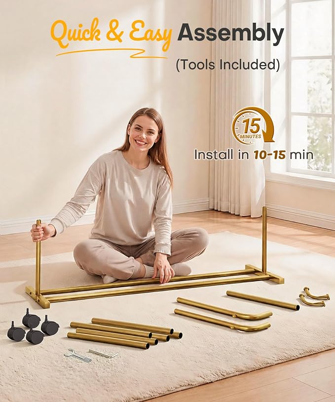 Homde Rolling Clothes Rack with Hooks: Standing Garment Storage for Indoor - Hanging Rod for Bedroom Laundry Room - Coat Dress Organizer on Wheels with luggage shelf (Gold, 46.5")