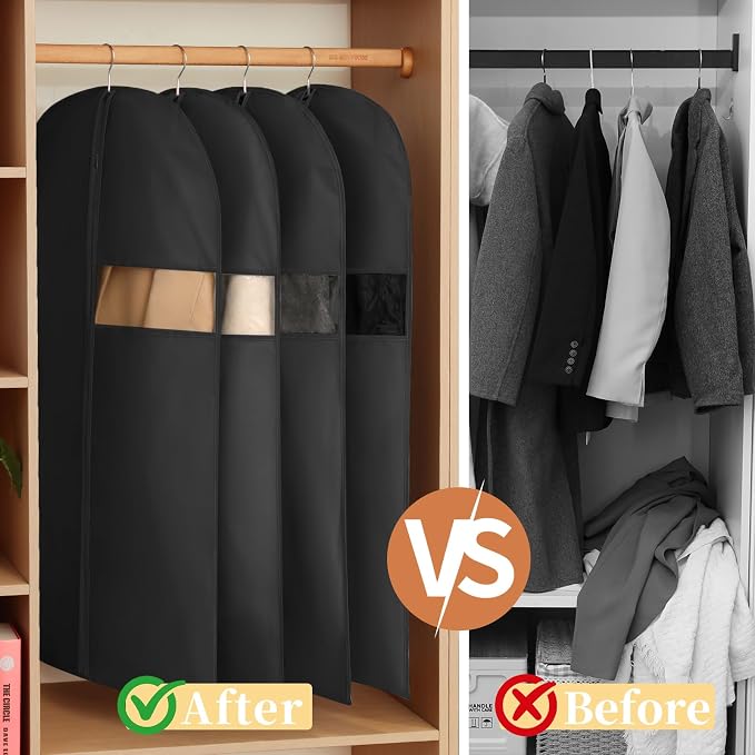 Kimmama Garment Bag for Hanging Cloth, Suit Protect Cover, 23.6" x 43.3" | PEVA Clothes Cover, For Suit, Shirt, Coats, Kids Dress, Clear Windows, Dustproof, Mosquito-Proof, Keep Dry, Black